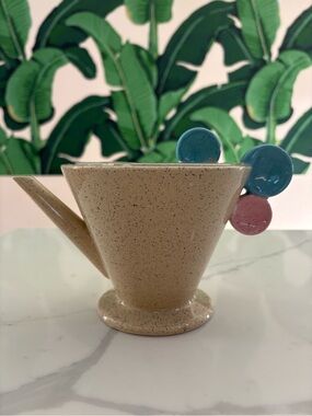 Vintage 1980s Mikasa Postmodern Speckled Teapot w/ blue and pink circle handles